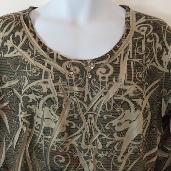 Equation olive green printed 3/4 sleeve blouse - Picture 2 of 9